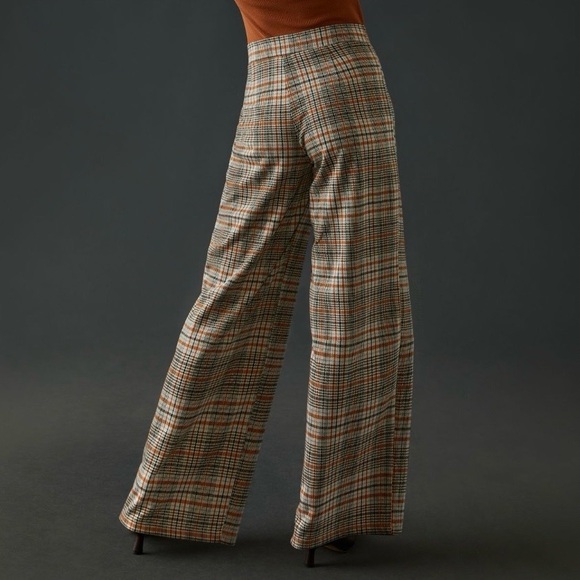 Anthropologie Maeve Checkered Pleated Wide Leg Trousers in Brown and Black - Picture 3 of 12